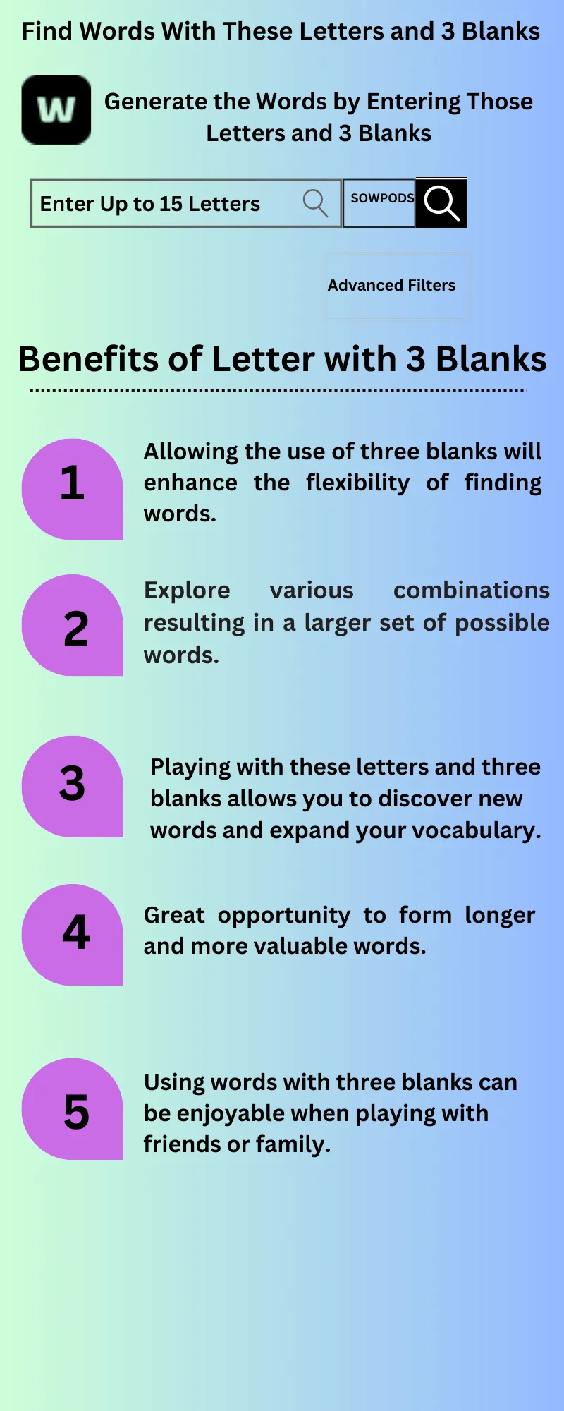 find words with these letters and 3 blank